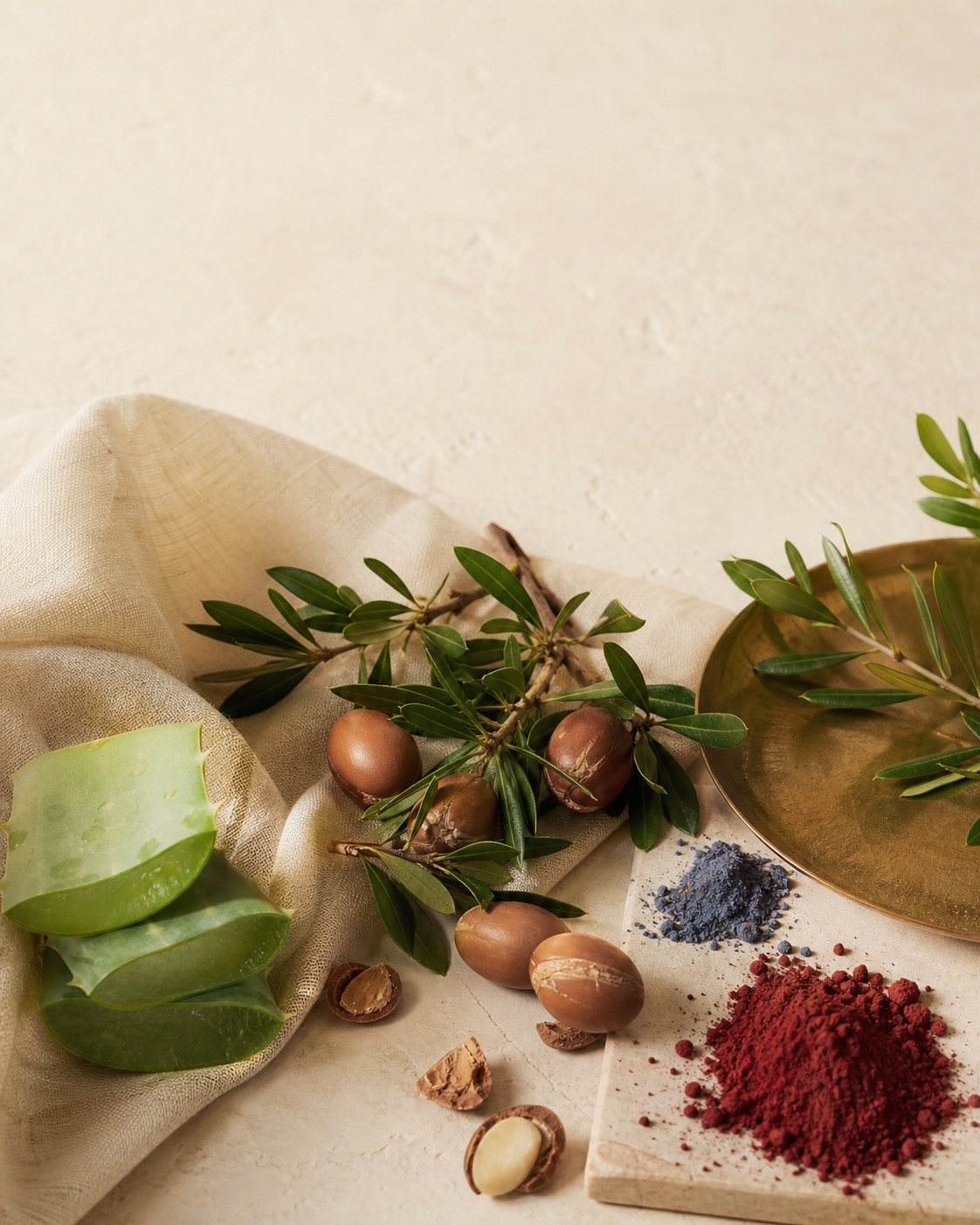 Aloe vera, argan, Aker Fassi et Nila Bleu présentés sur une table claire