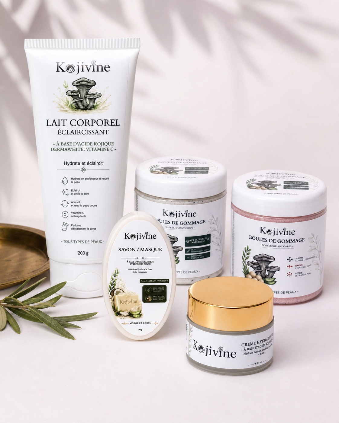 Routine Kojivine avec lait corporel, savon masque, crème et gommages entièrement visibles