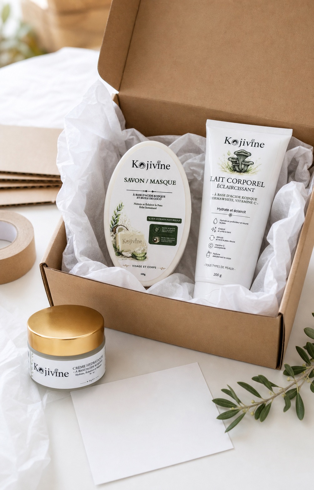 Préparation d’une commande Kojivine avec lait corporel, savon masque, crème et colis ouvert